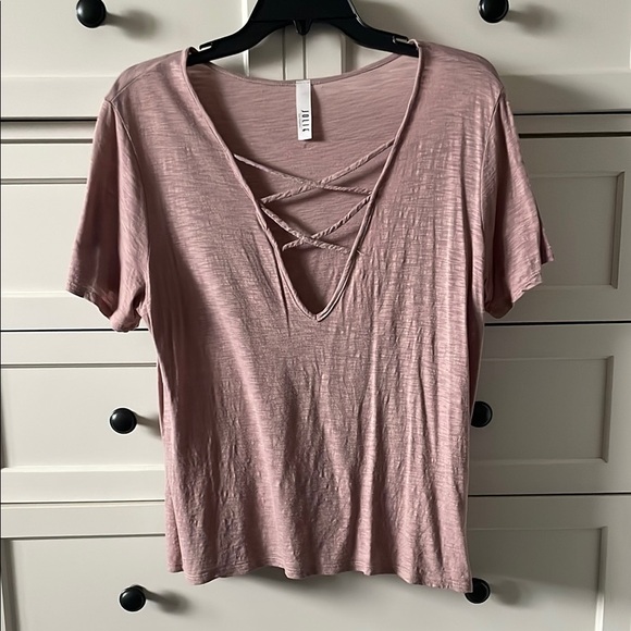 Jolie Tops - Jolie Women’s Dusty Rose Criss Cross Deep V Neck Short Sleeved Shirt -Size Small
